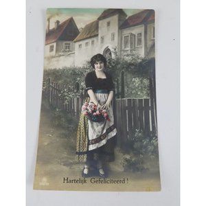 RPPC Vintage Lovely Dutch Girl w/Basket Flowers Hartelijk Gefeliciteerd! 1920's